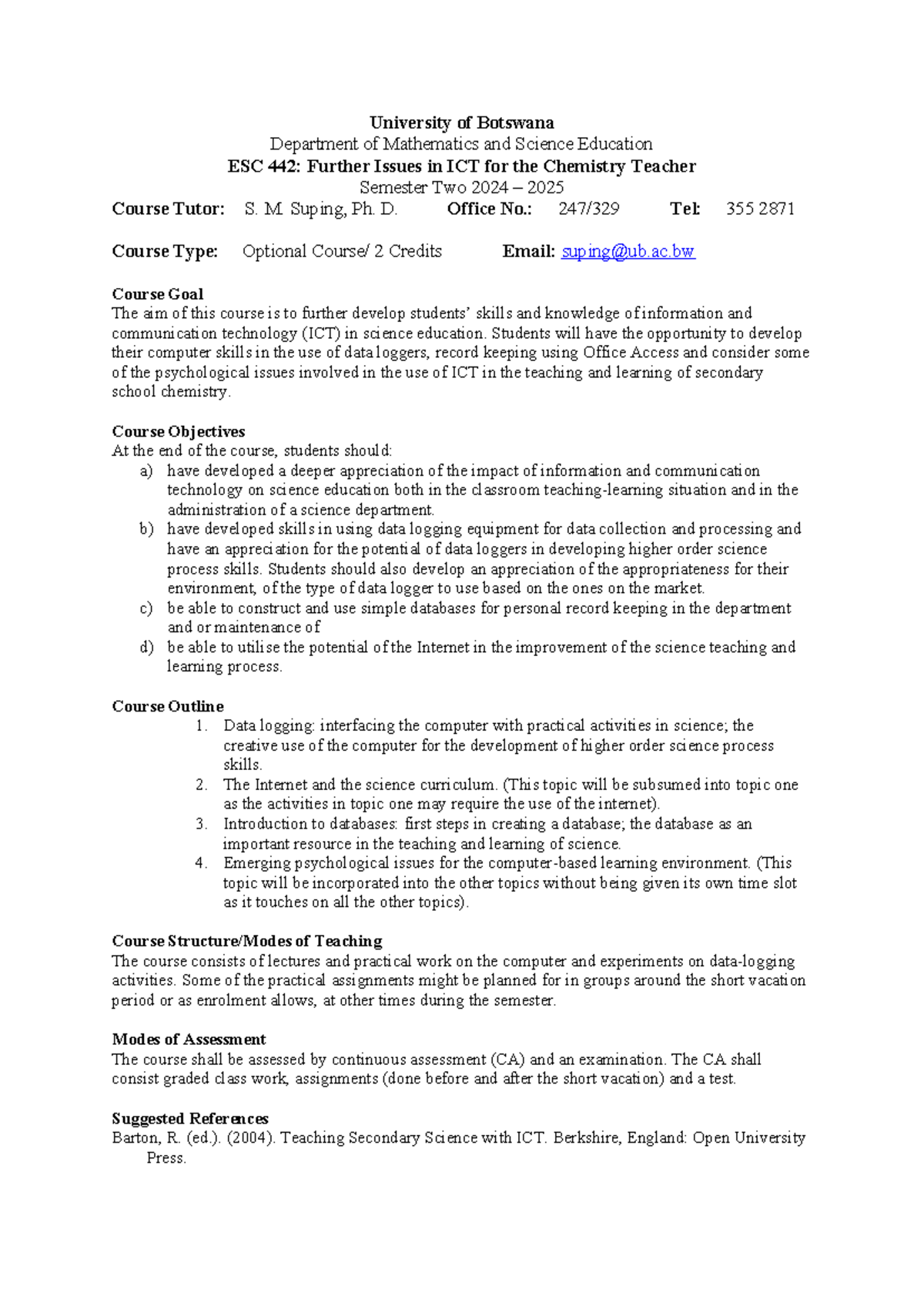 ESC 442 2025 Course Outline - University of Botswana Department of ...