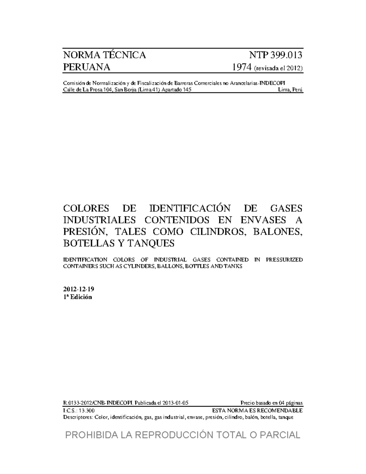 NTP 399.013:1974 Colores de Identificación de Gases Industriales - Studocu