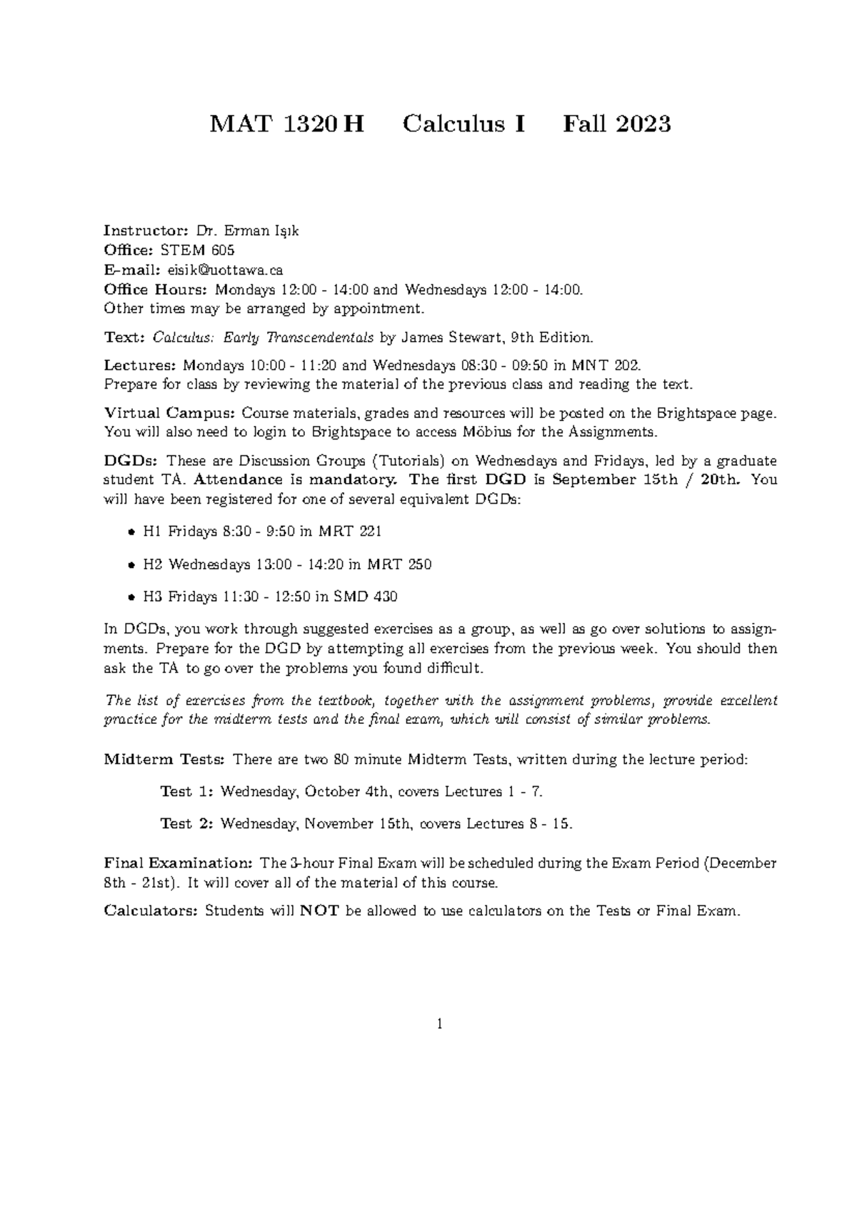 MAT 1320 H Calculus I Fall 2023 Course Syllabus and Guidelines - Studocu