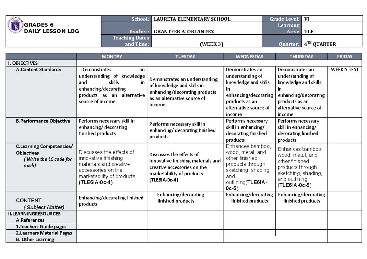 DLL TLE 6 Q4 W3 - Daily Lesson Log and Activities - Studocu
