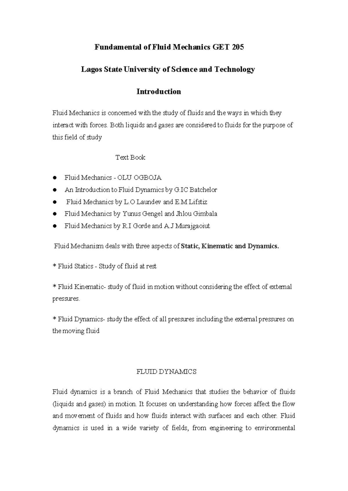 GET 205 - Lecture Notes on Fundamentals of Fluid Mechanics - Studocu