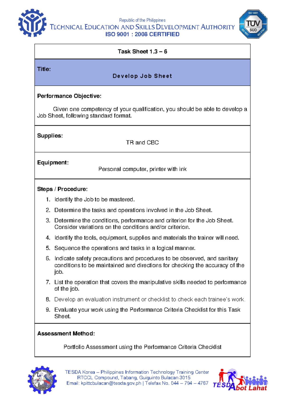 Task Sheet 1.3: Developing a Job Sheet for ISO 9001 Compliance - Studocu