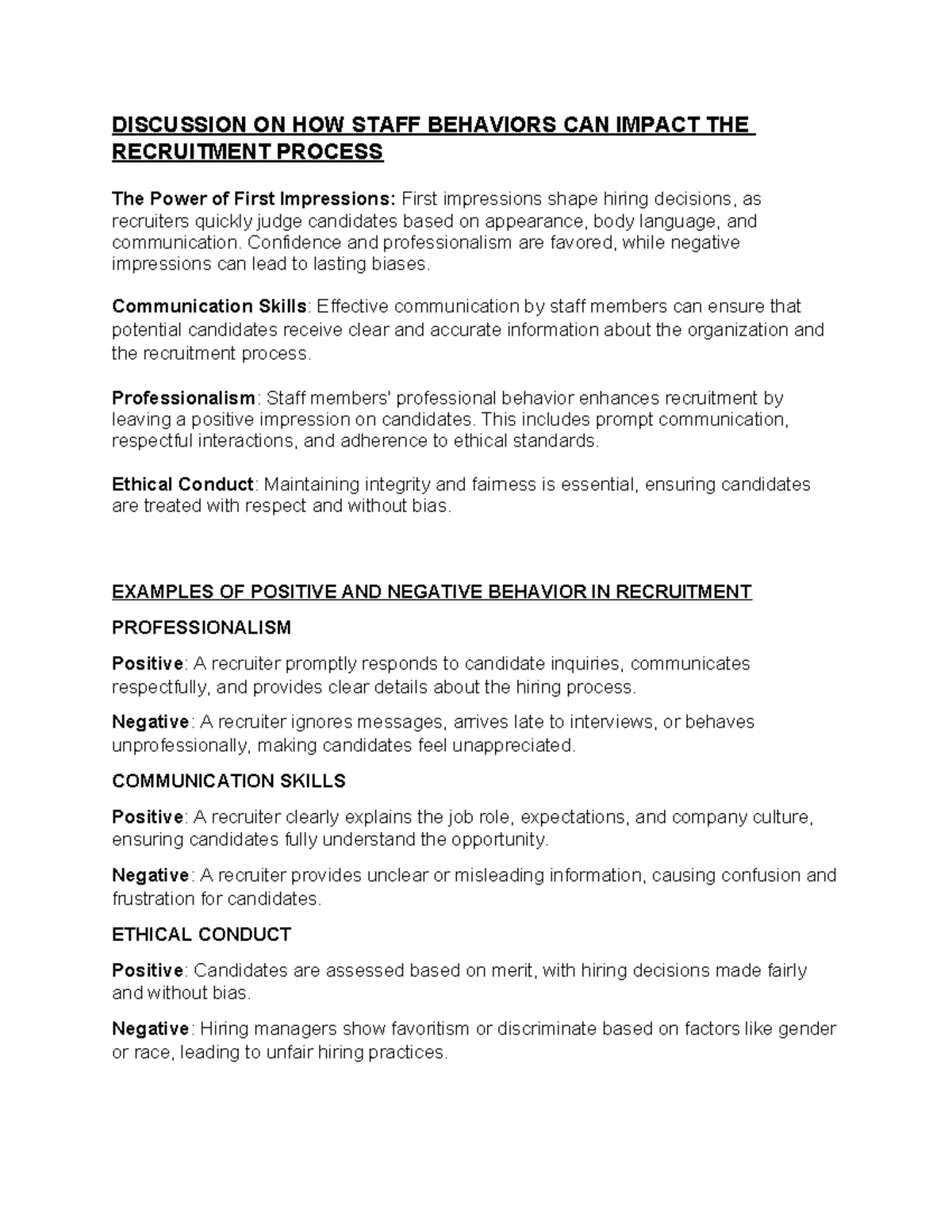 Discussion ON HOW Staff Behaviors CAN Impact THE Recruitment Process ...