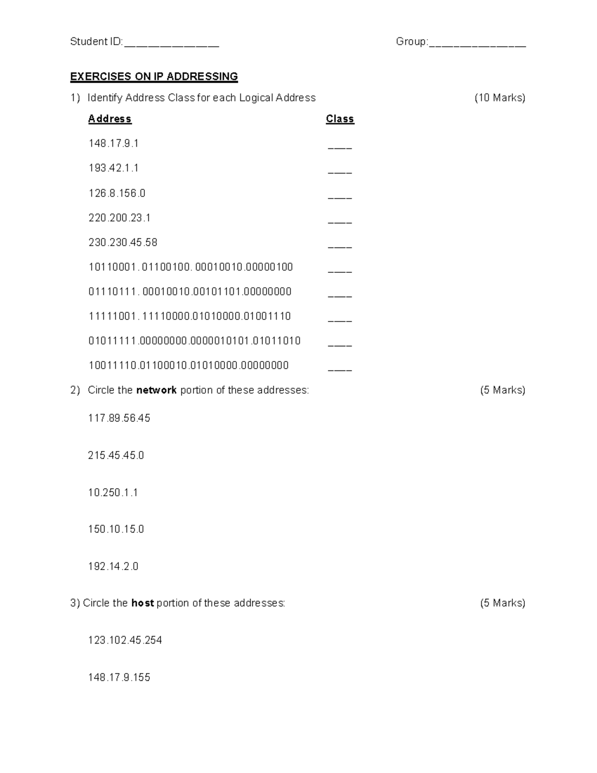Exercises ON IP Addressing - EXERCISES ON IP ADDRESSING Identify ...