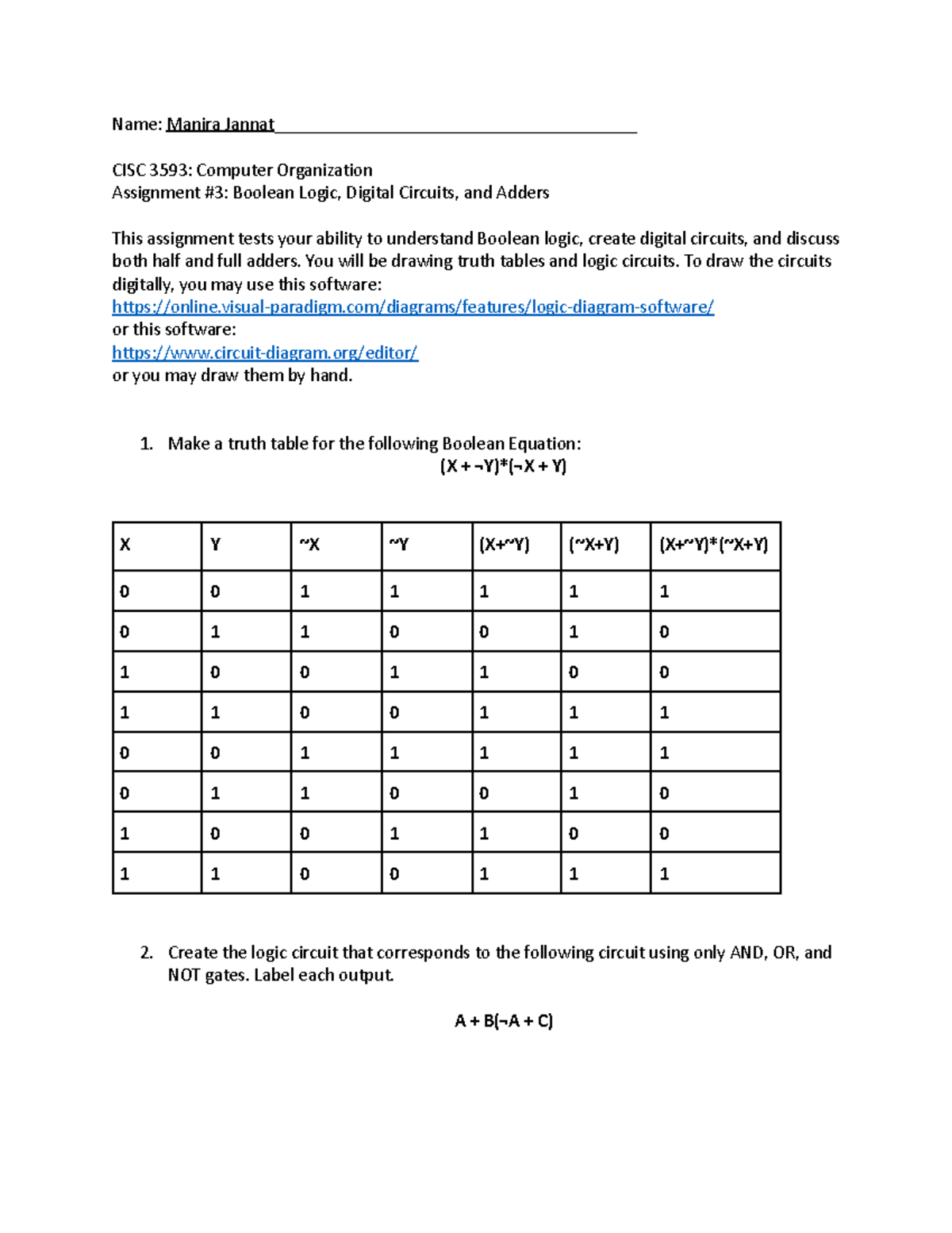CISC 3593 Assignment #3: Boolean Logic & Digital Circuits - Studocu