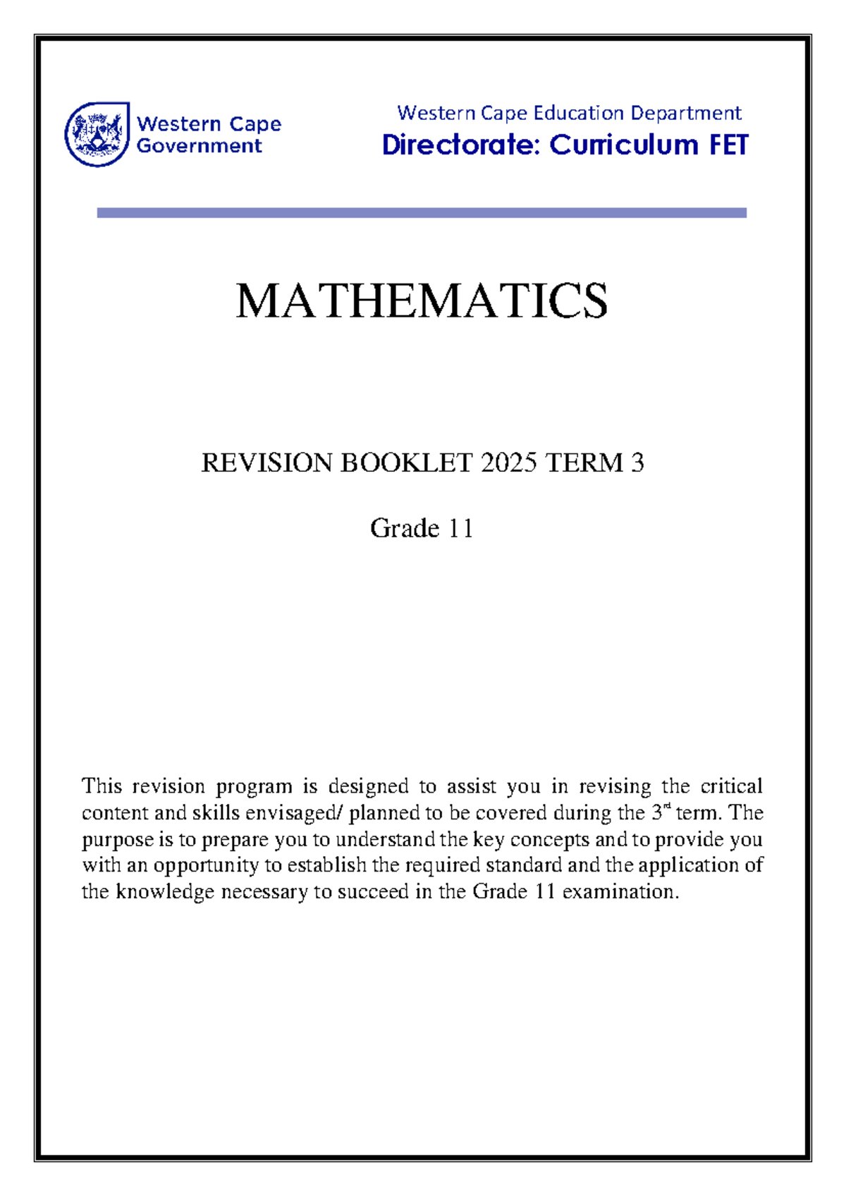 Mathematics GR 11 TERM 3 Revision Booklet 2025 - Studocu