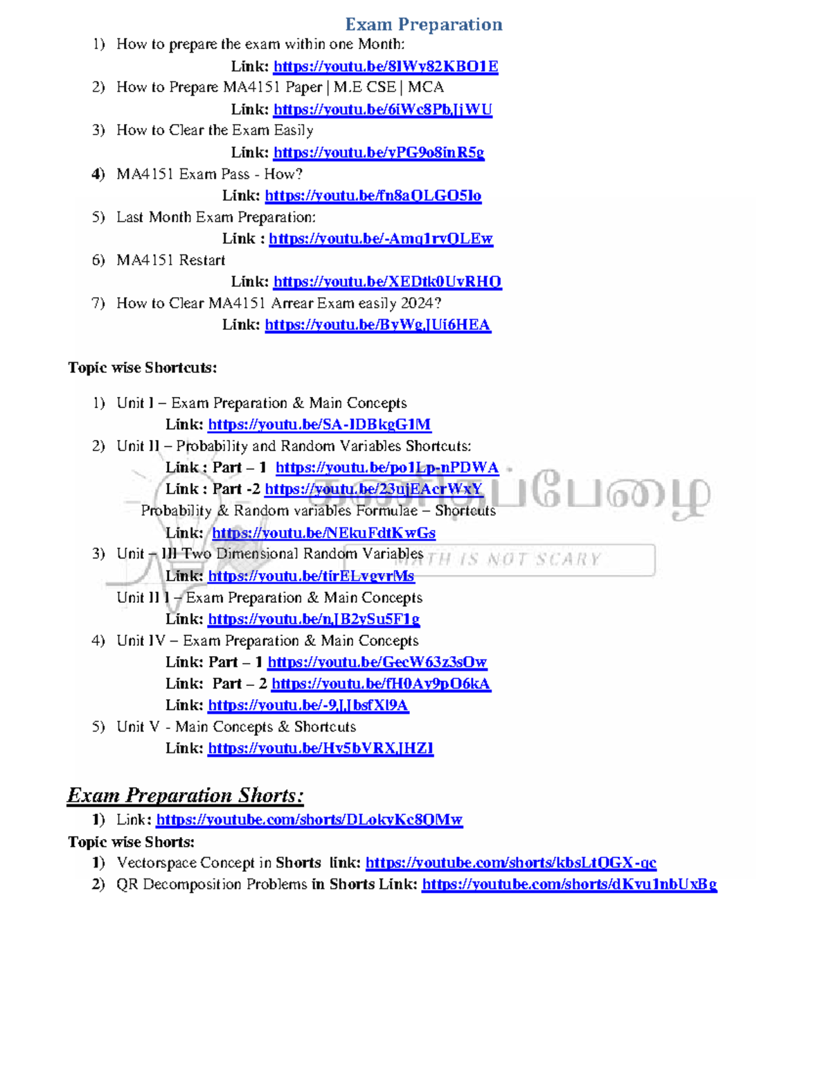 MA4151 Exam Preparation: Key Concepts and Shortcuts Guide - Studocu