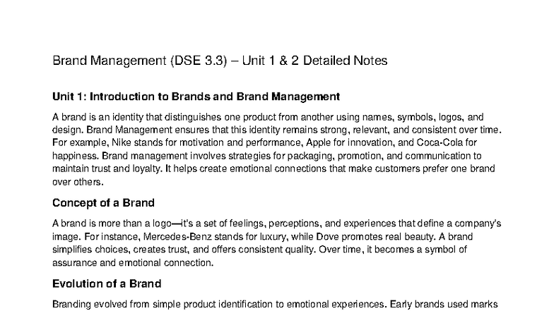 Brand Management (DSE 3.3) Unit 1 & 2 Comprehensive Notes - Studocu