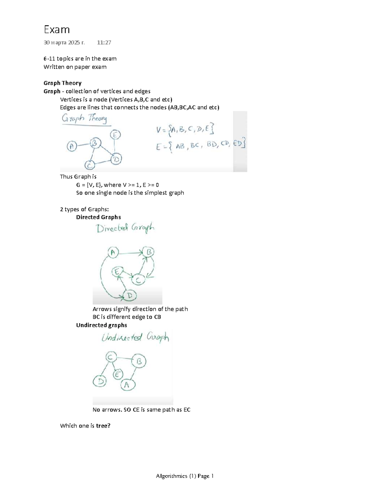 Exam Practice: Graph Theory Concepts and Algorithms (Algorithmics 1 ...
