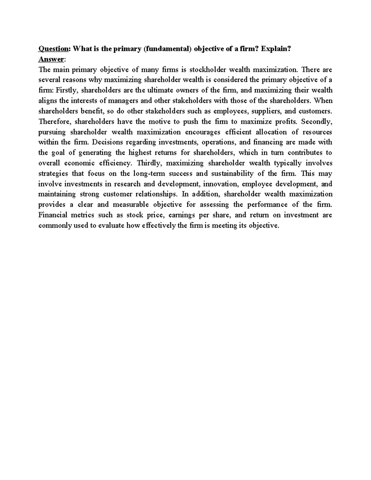 Week Assignment - Firm's Objective - Question: What is the primary ...