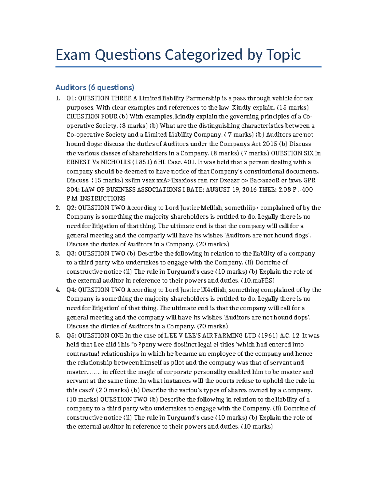 Topic Based Exam Questions for GPR 304: Law of Business Associations ...