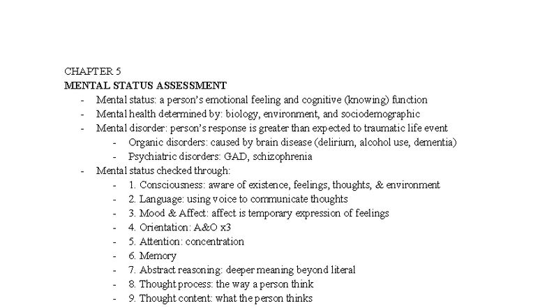 Ch 5 - Mental Status Assessment Notes - Studocu