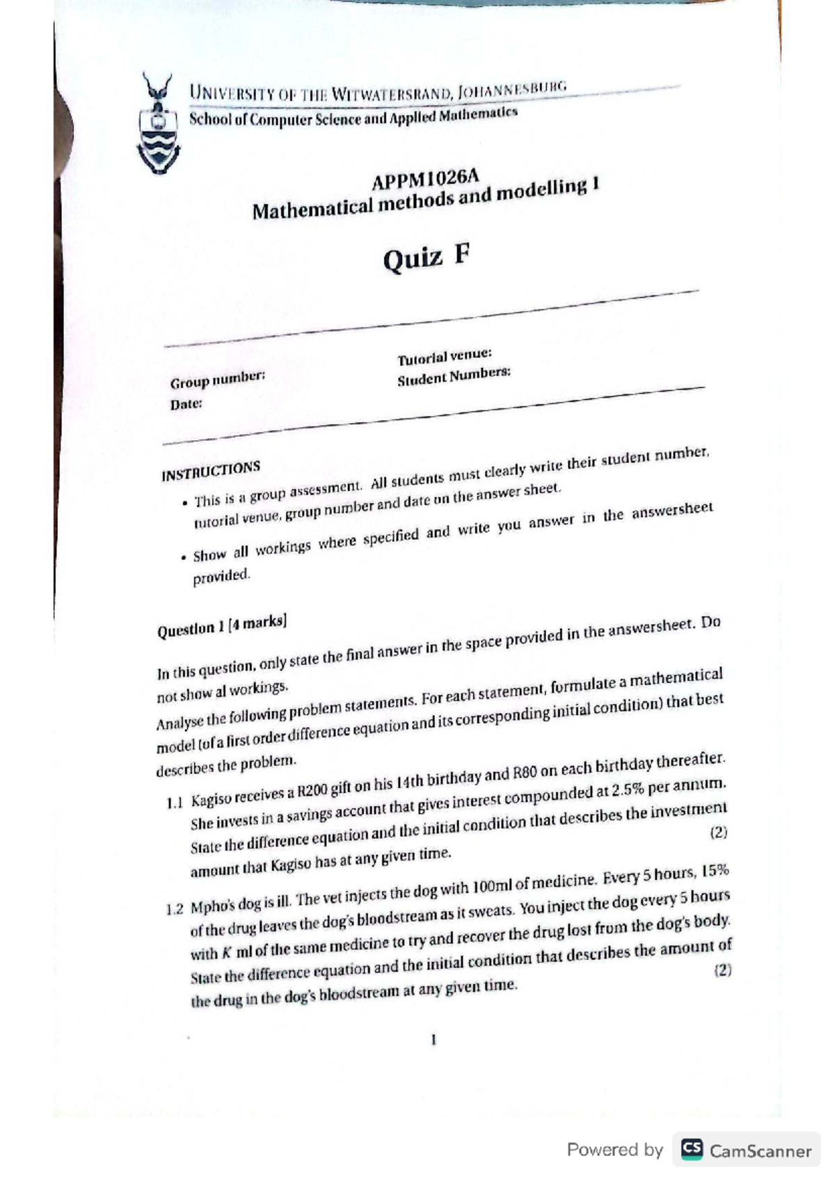 APPM1026A Mathematical Methods & Modelling 1 Quiz Notes - Studocu
