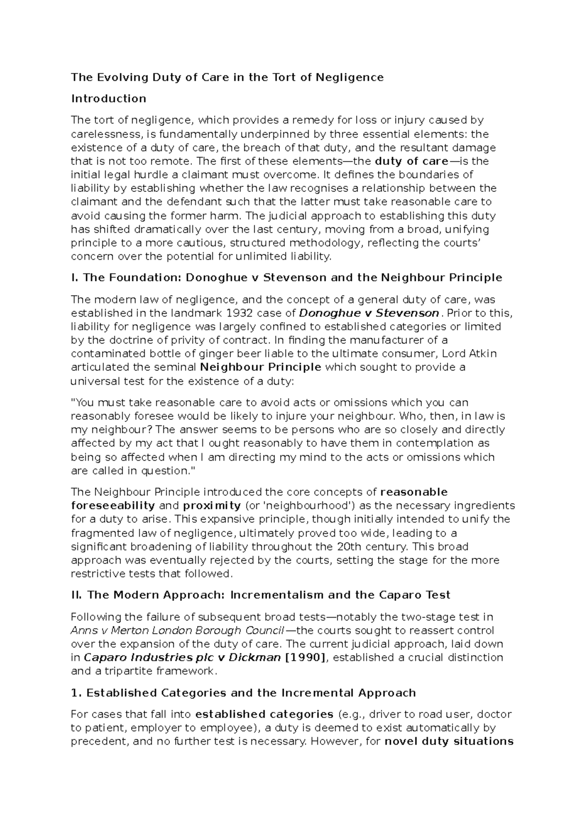Duty of Care Development in Tort of Negligence: A Study - Studocu