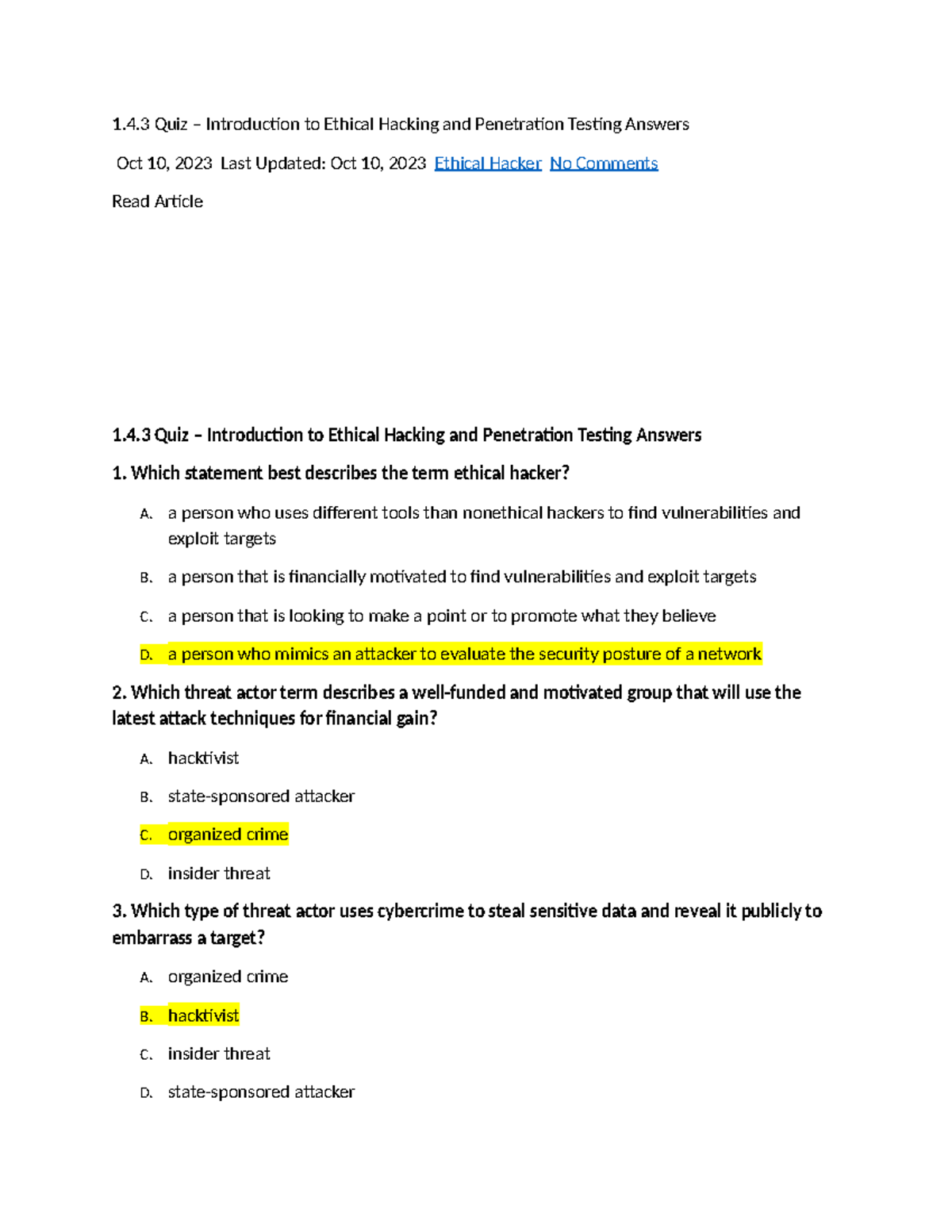 HOD402 Final Quiz on Ethical Hacking and Penetration Testing Answers ...