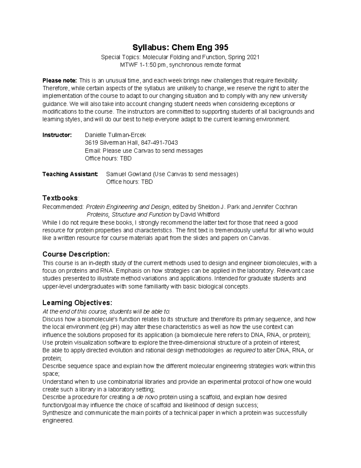 Chem Eng 395 Molecular Folding & Function Syllabus Overview - Studocu