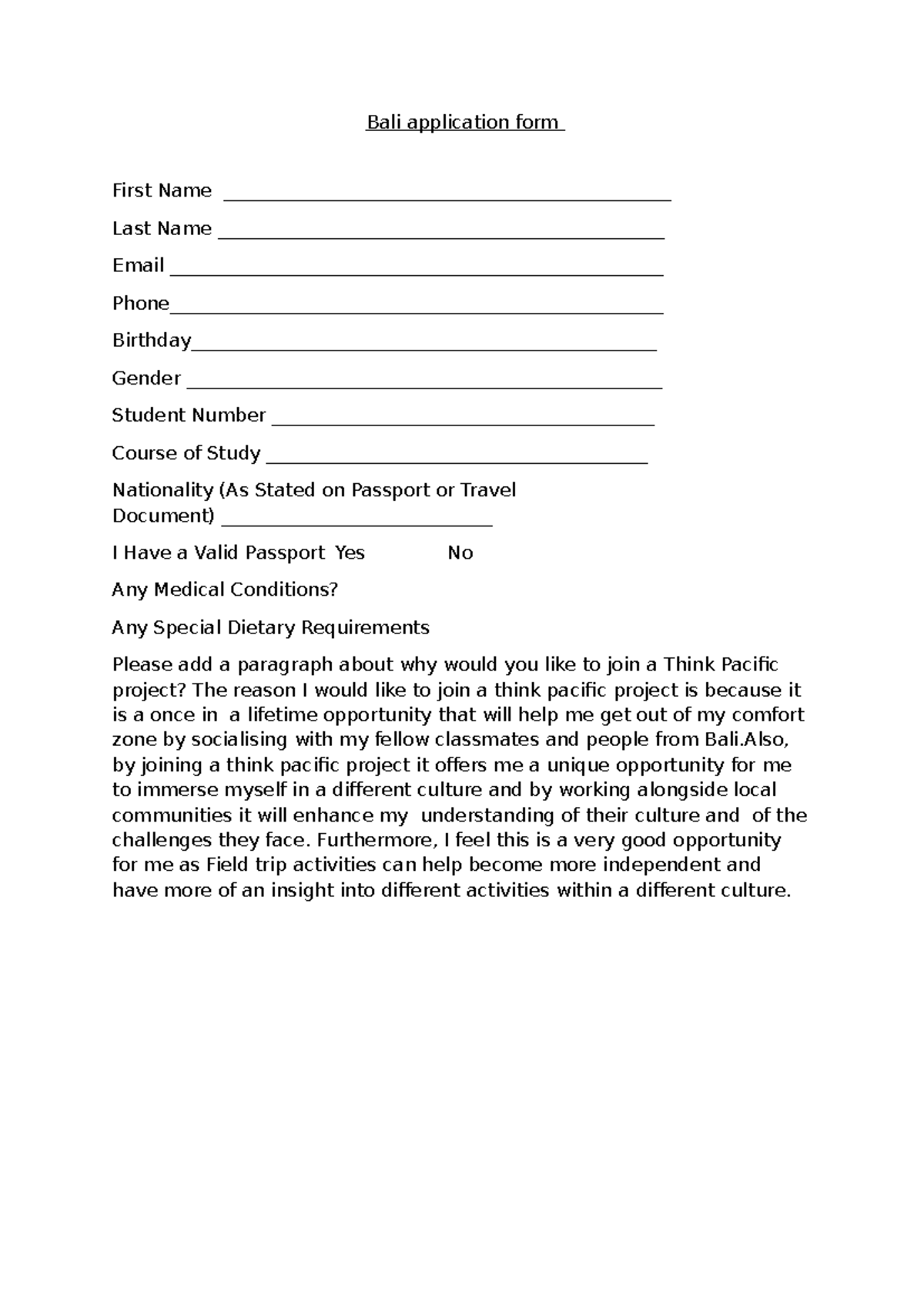 Bali Application Form for Think Pacific Project Participation - Studocu