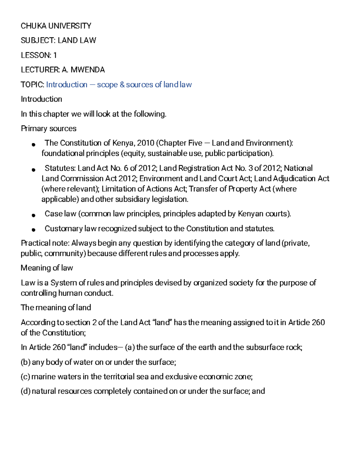 Final LAND LAW Notes: Introduction to Land Law Concepts and Sources ...