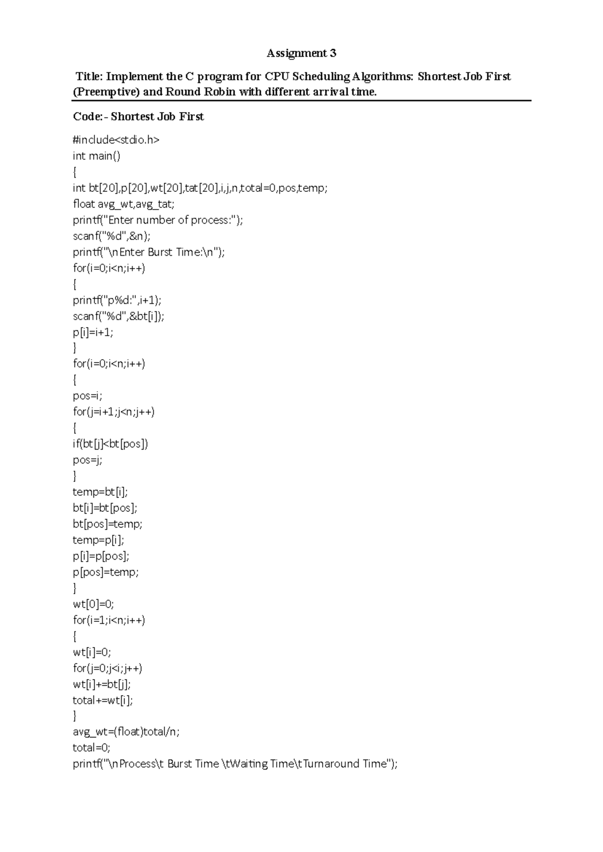 Assignment 3: C Program for CPU Scheduling - SJF & Round Robin - Studocu