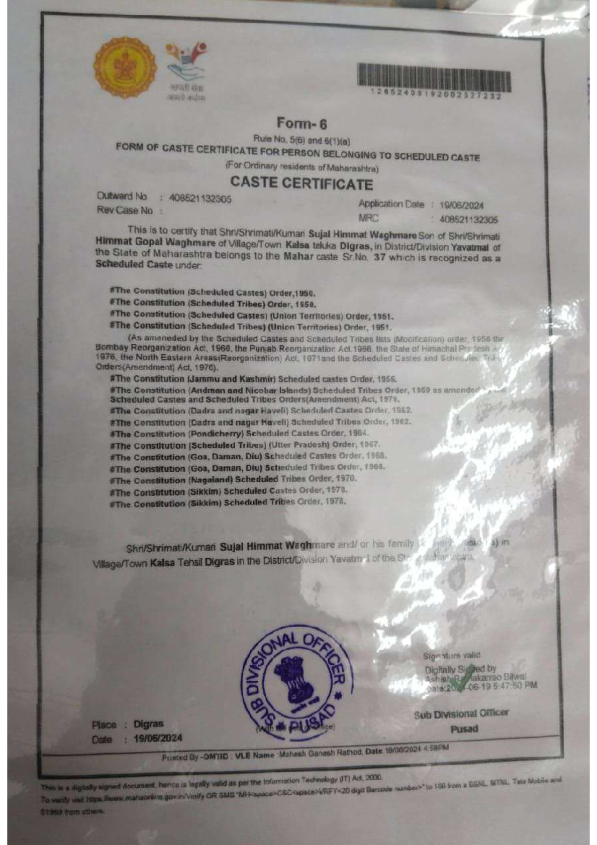 Caste Certificate Format for Scheduled Caste Verification in ...
