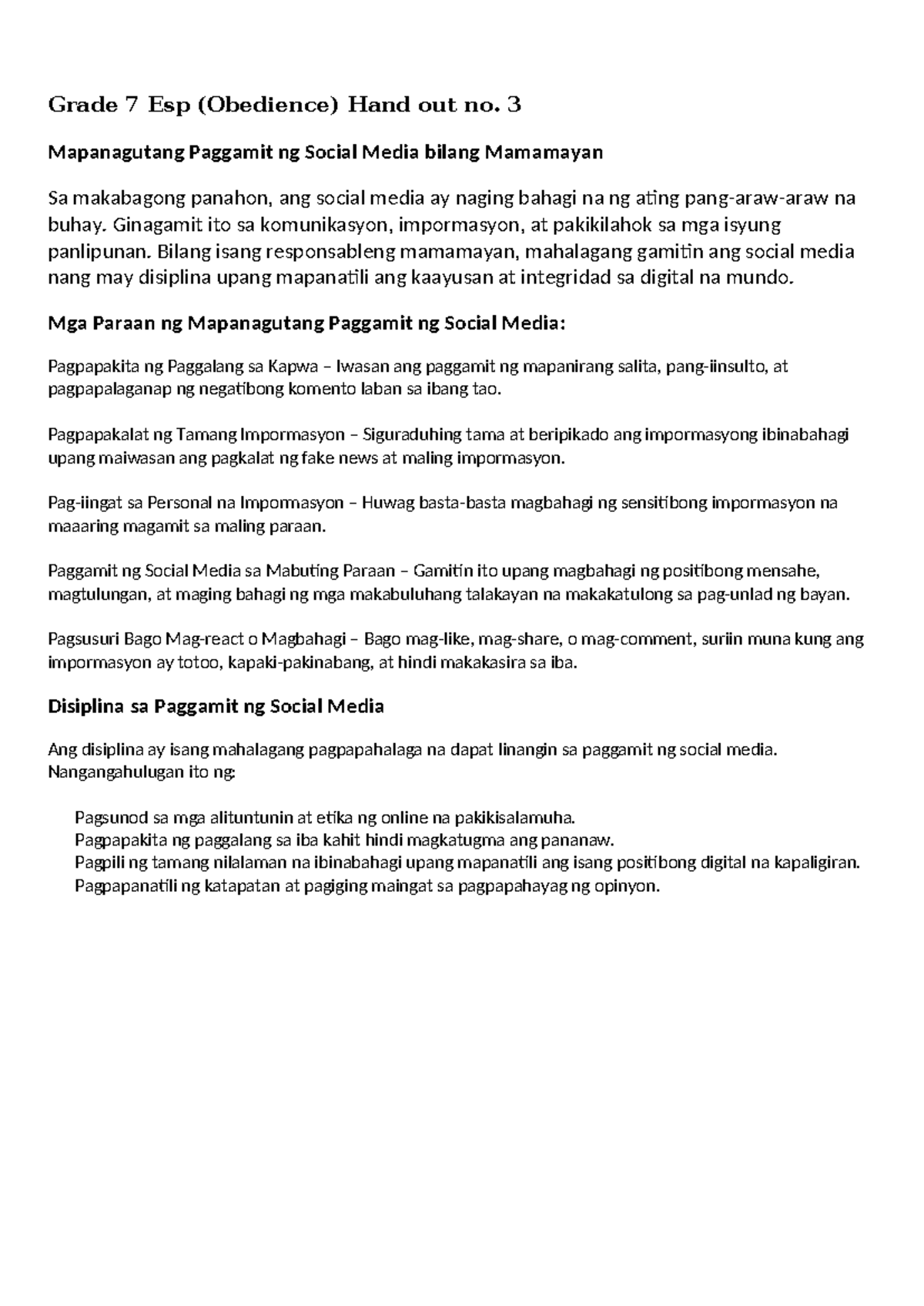 Grade 7 ESP Handout No. 3: Responsible Use of Social Media - Studocu