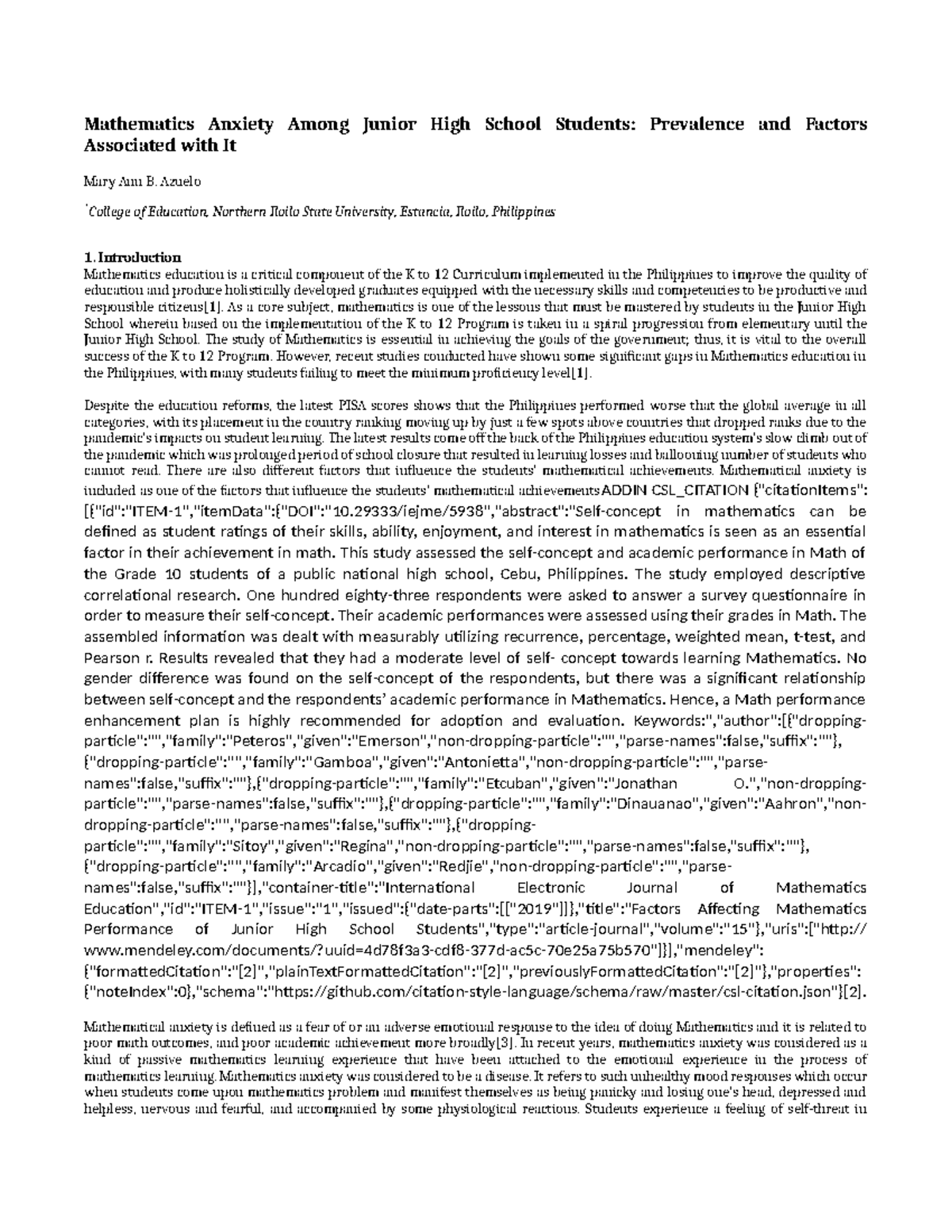 Mathematics Anxiety in Junior High School Students: Prevalence ...