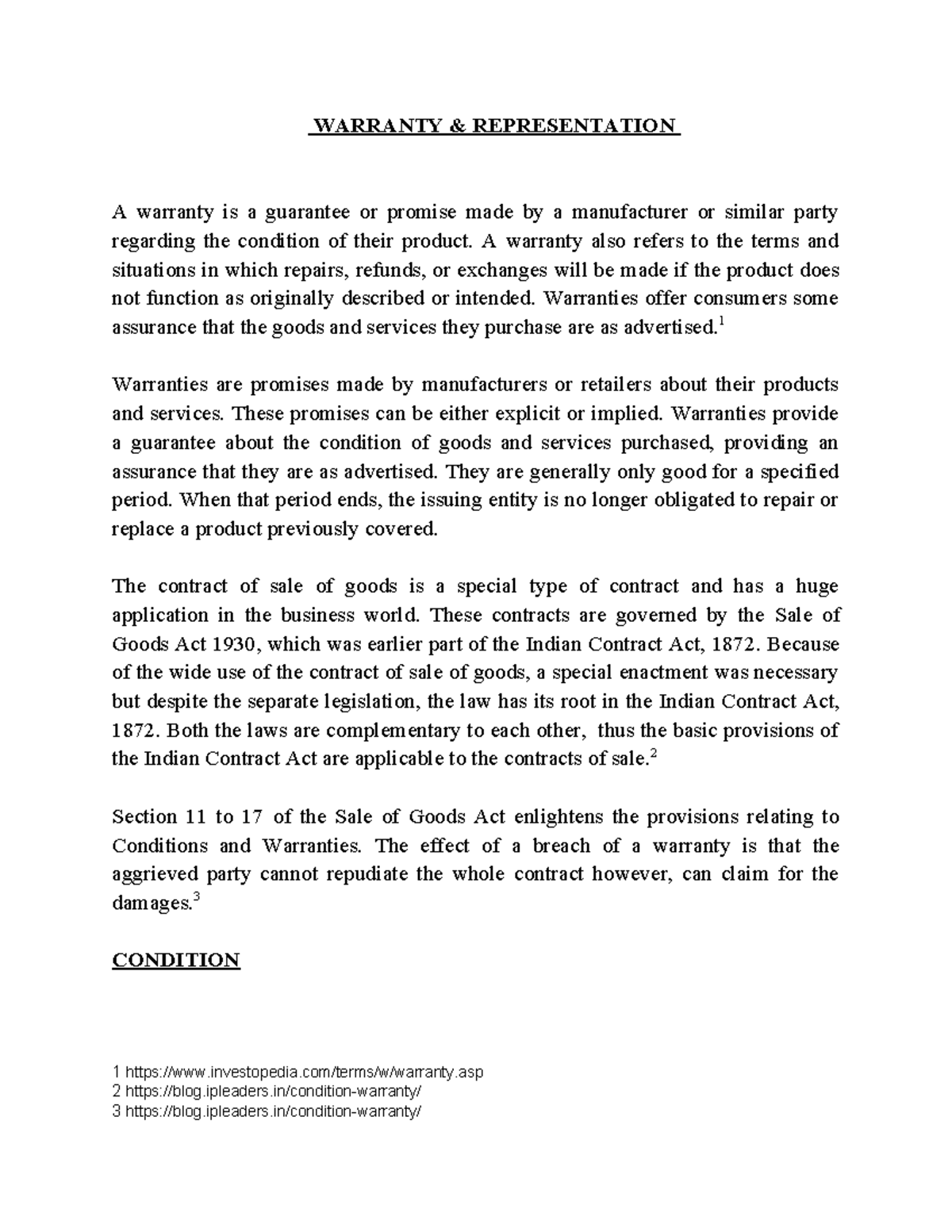 Warranty & Representation - WARRANTY & REPRESENTATION A warranty is a ...
