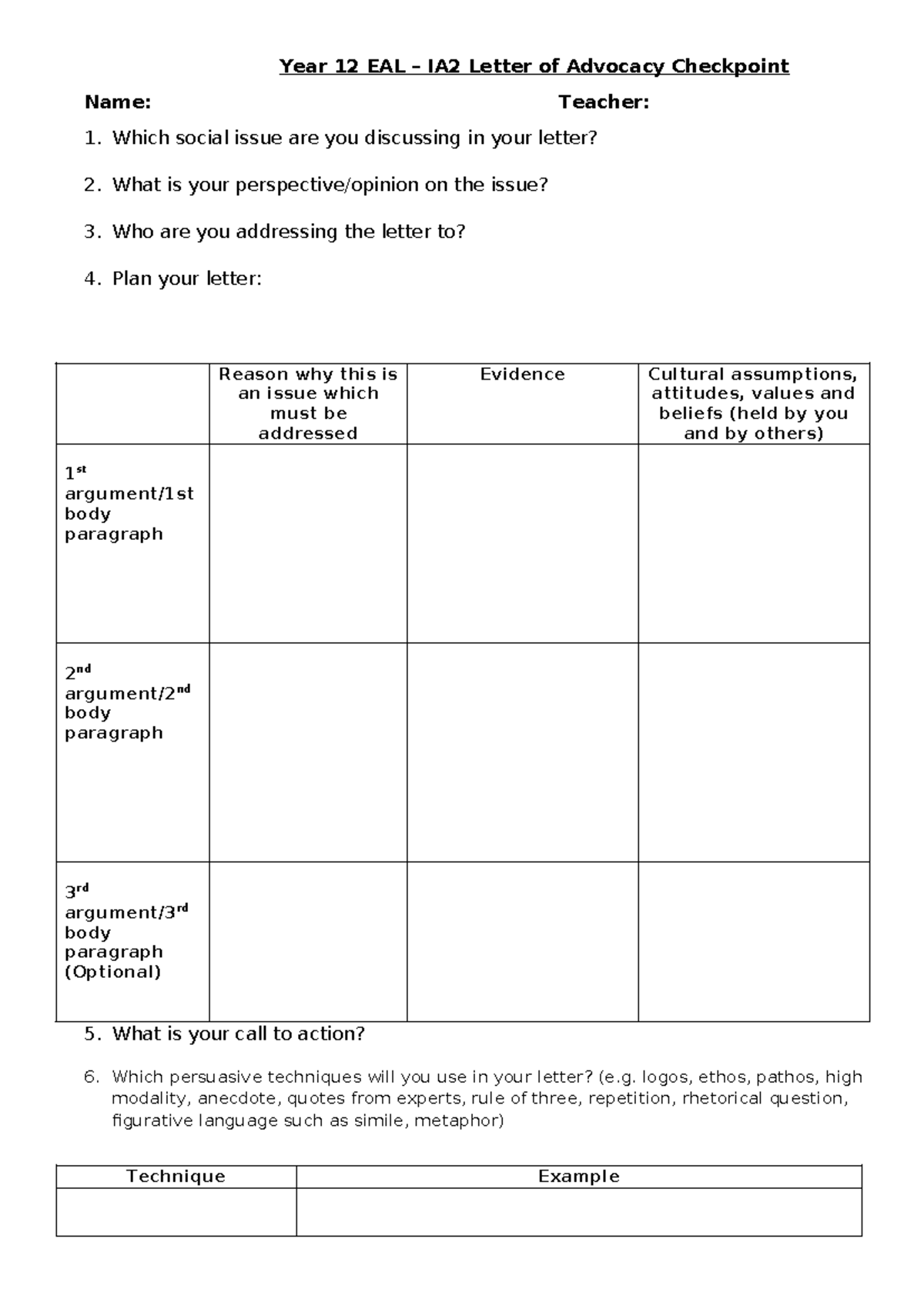 IA2 Letter of Advocacy Checkpoint Guide for Year 12 EAL Students - Studocu