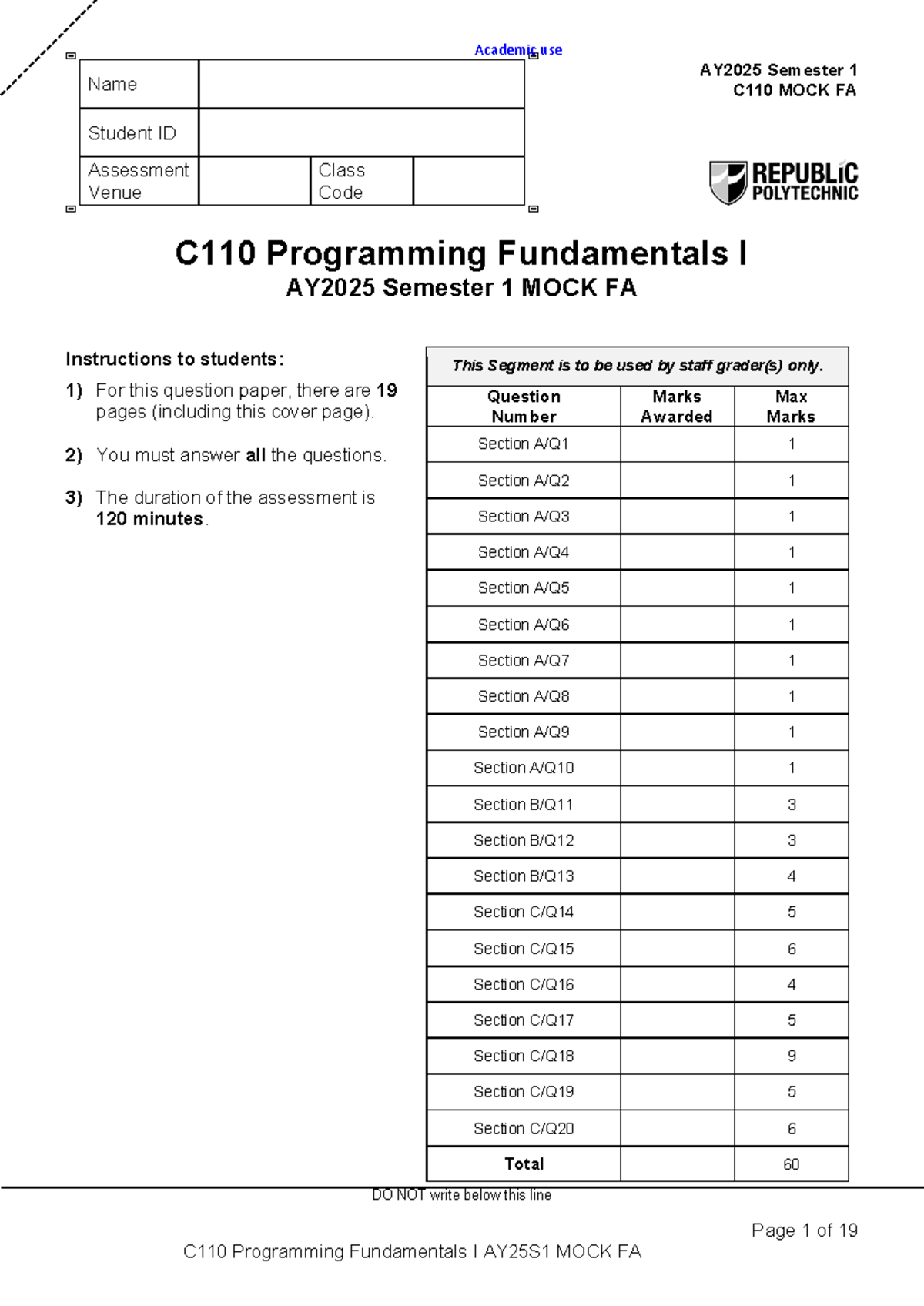 C110 AY2025 Semester 1 MOCK FA - Programming Fundamentals I Exam - Studocu