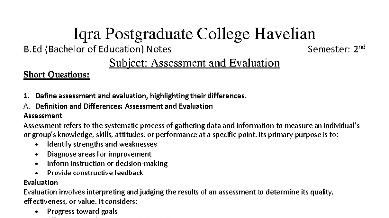Assessment and Evaluation Notes for B.Ed Semester 2 (Short Questions ...