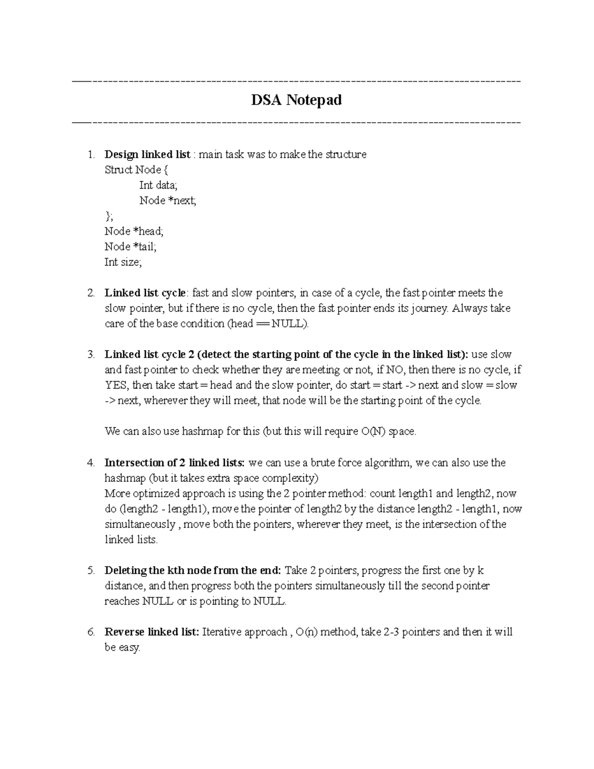 DSA Notepad: Linked List and Tree Algorithms Overview - Studocu