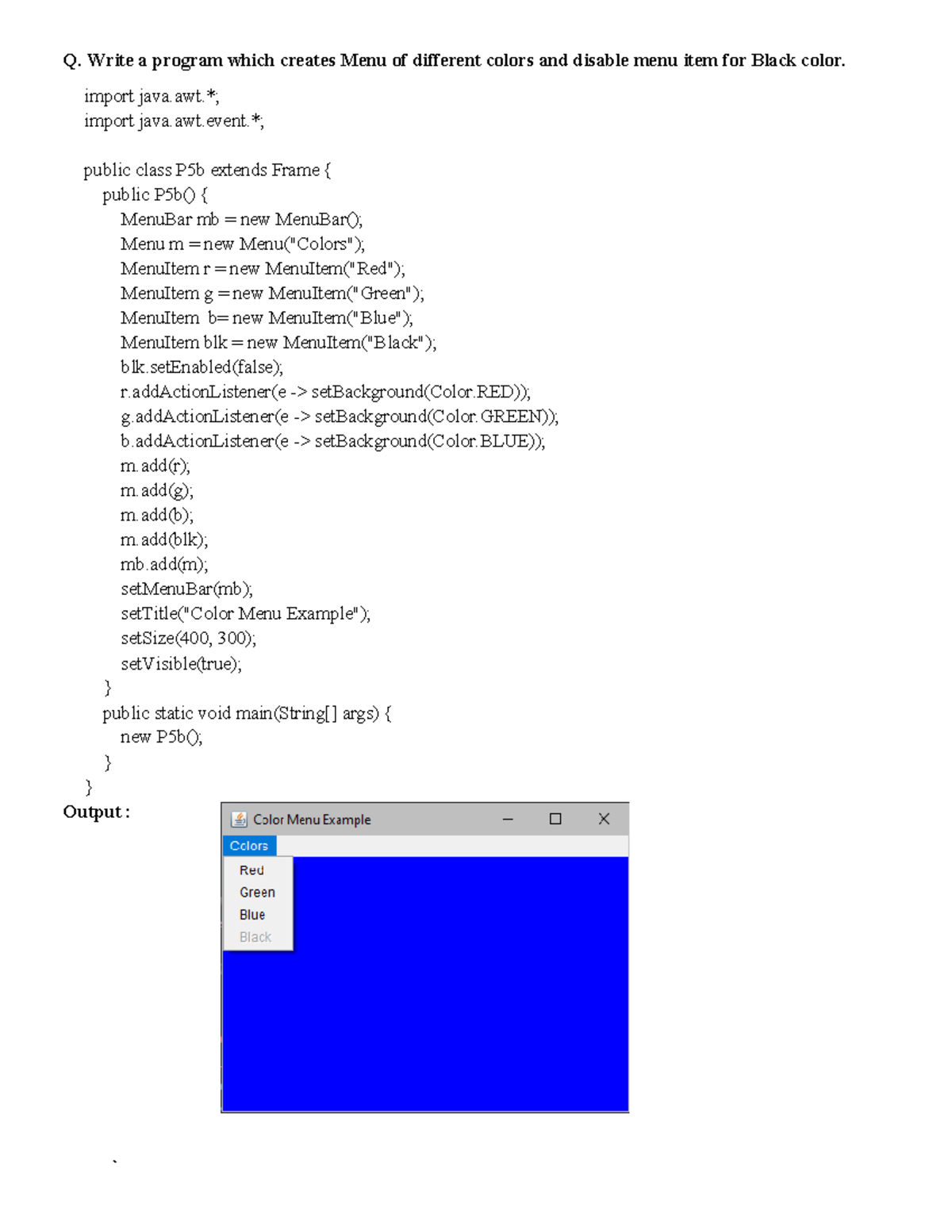 CS101: Practical No. 5 - Java Color Menu Program Implementation - Studocu