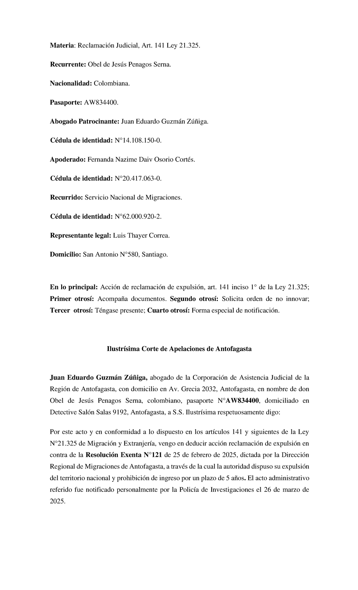 Reclamación Judicial de Expulsión - Art. 141 Ley 21.325 - Document Preview