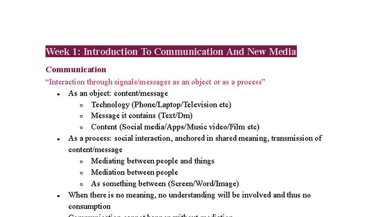 NM1101E Lecture Notes: Weeks 1-6 on Communication & Media - Studocu