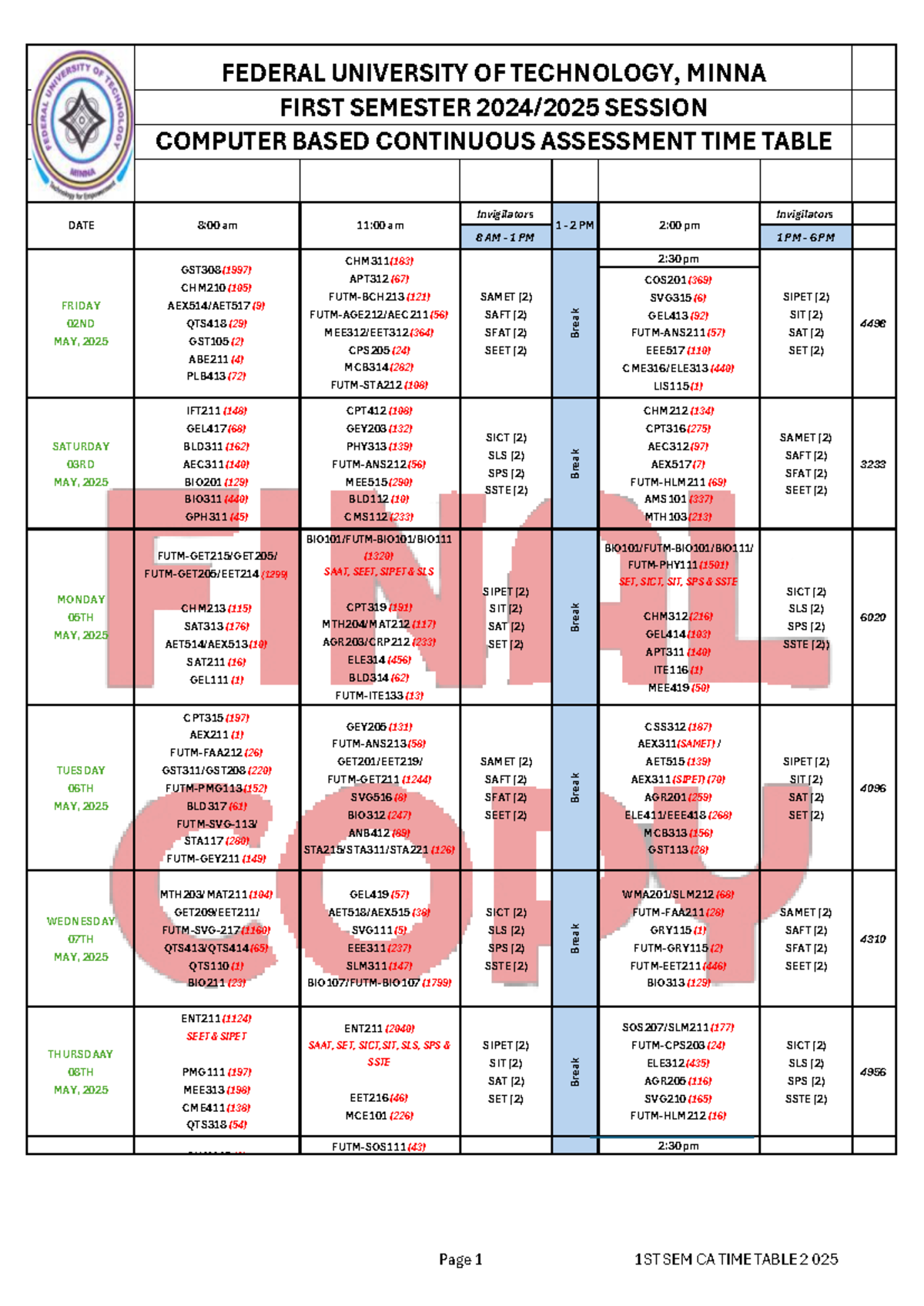 Final CA Time Table 2025 - Federal University of Technology, Minna ...