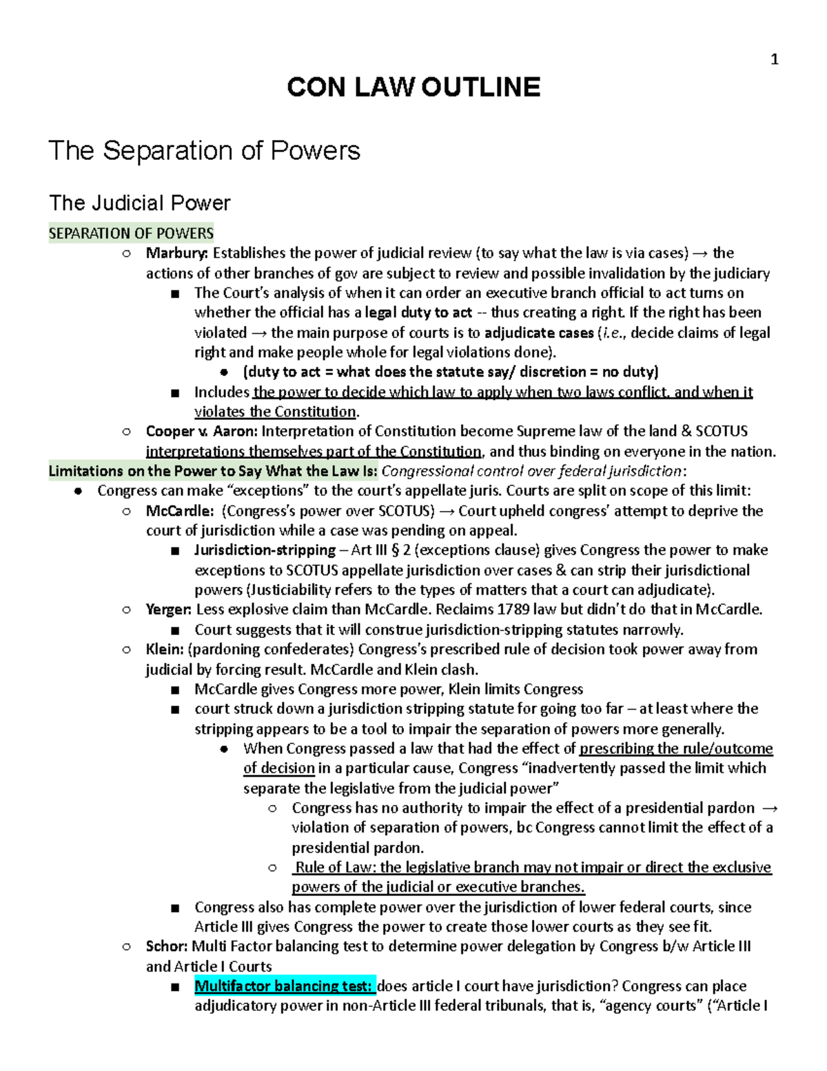 CON LAW Separation of Powers: Key Cases & Principles Outline - Studocu