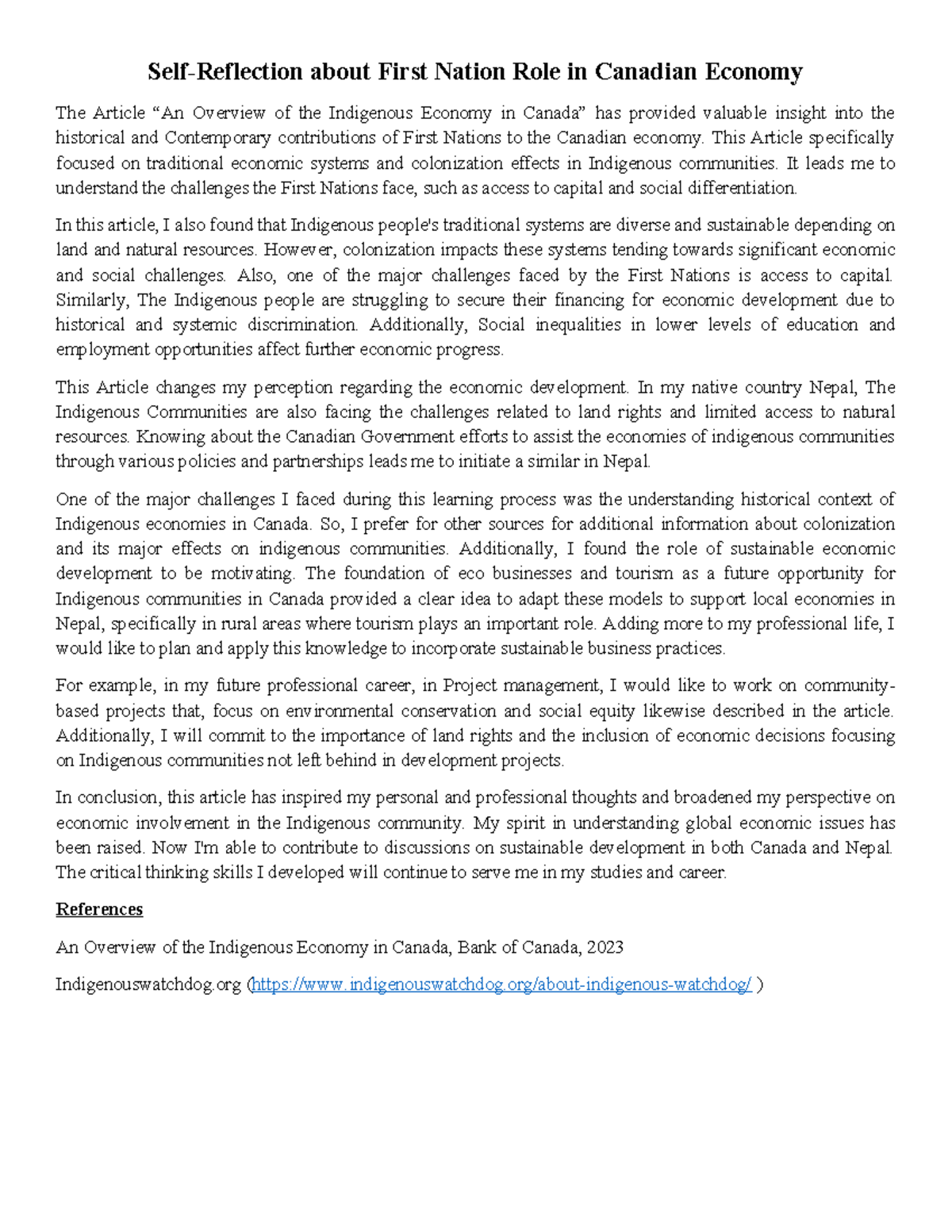 Self-Reflection about First Nation Role in Canadian Economy - This ...
