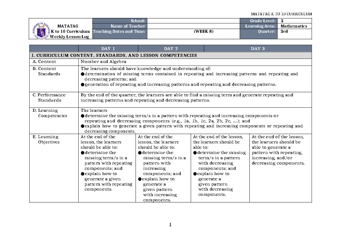 DLL Matatag MATH 3 Q3 W8 - Weekly Lesson Log on Patterns - Studocu