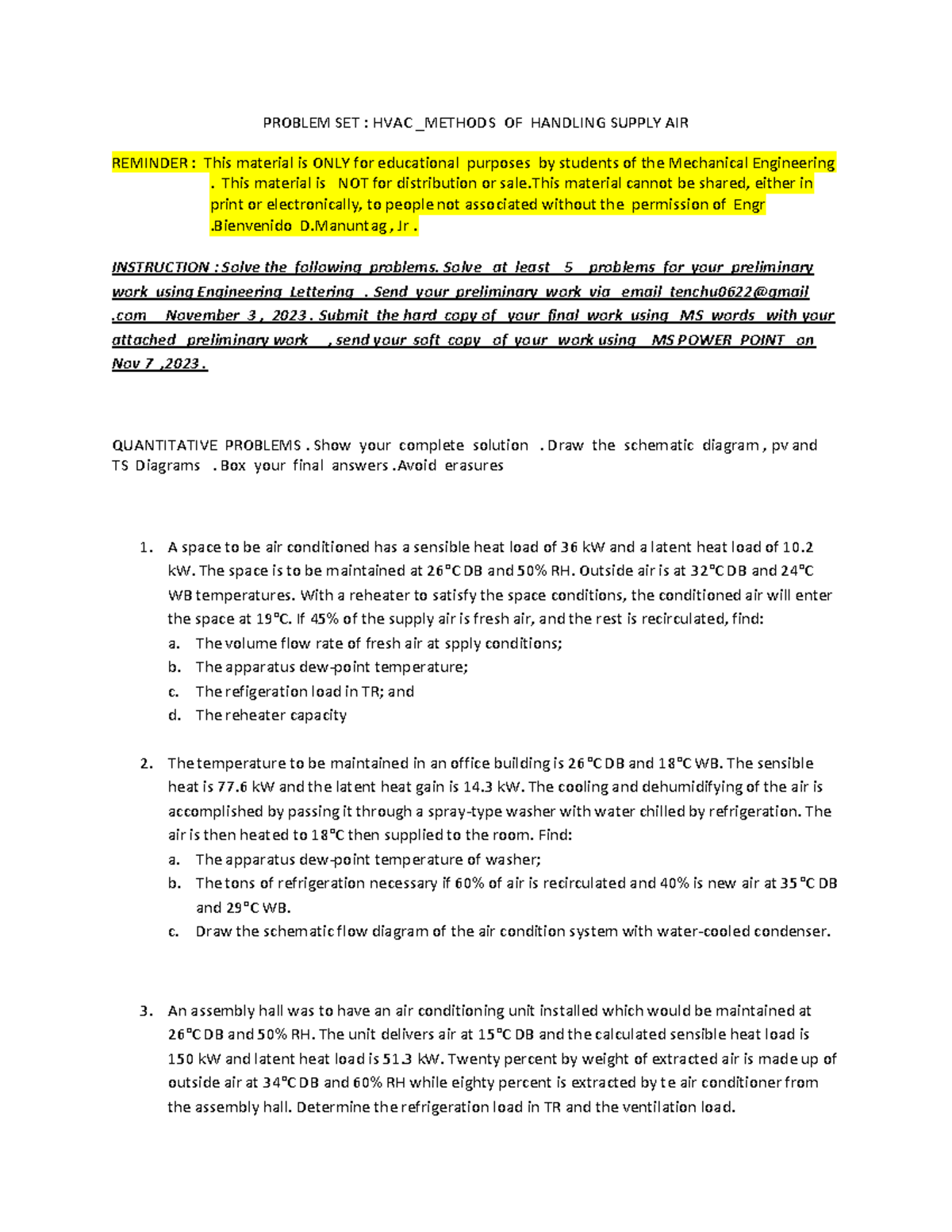 HVAC Problem Set: Methods of Handling Supply Air (ME 301) - Studocu