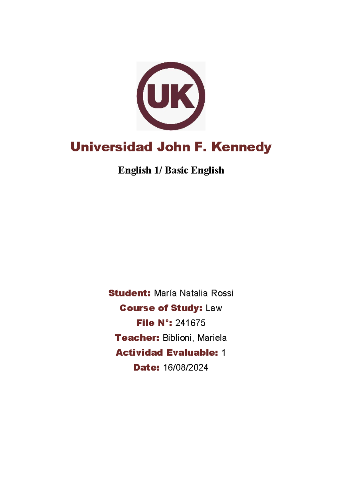 Actividad Evaluable 1 - Inglés Básico - Universidad John F. Kennedy ...