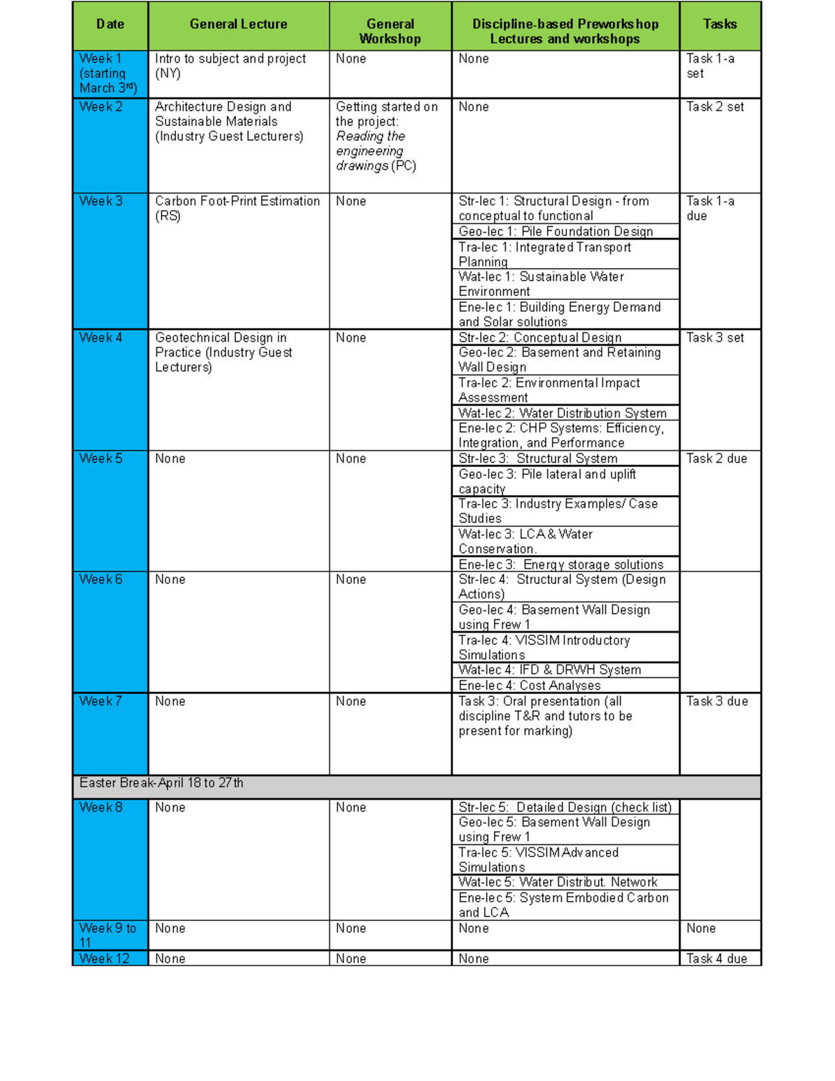 Timetable - rev 0-1 - Date General Lecture General Workshop Discipline ...