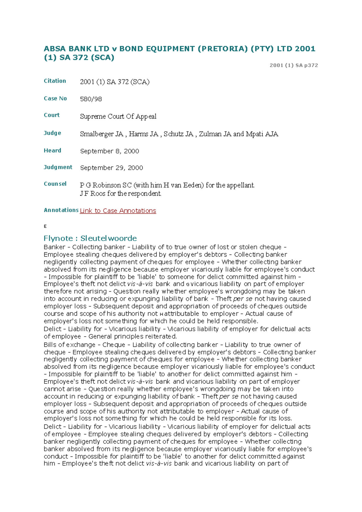 ABSA BANK LTD v BOND EQUIPMENT (PTY) LTD: Vicarious Liability Case ...