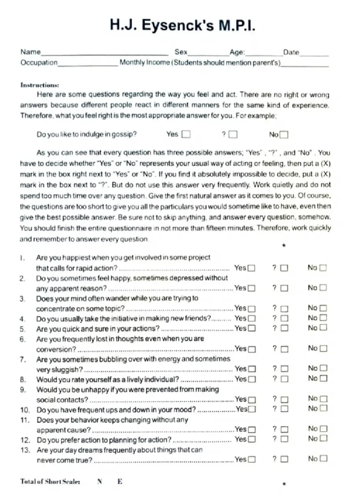 MPI Questionnaire on Occupation, Age, and Monthly Income - Studocu