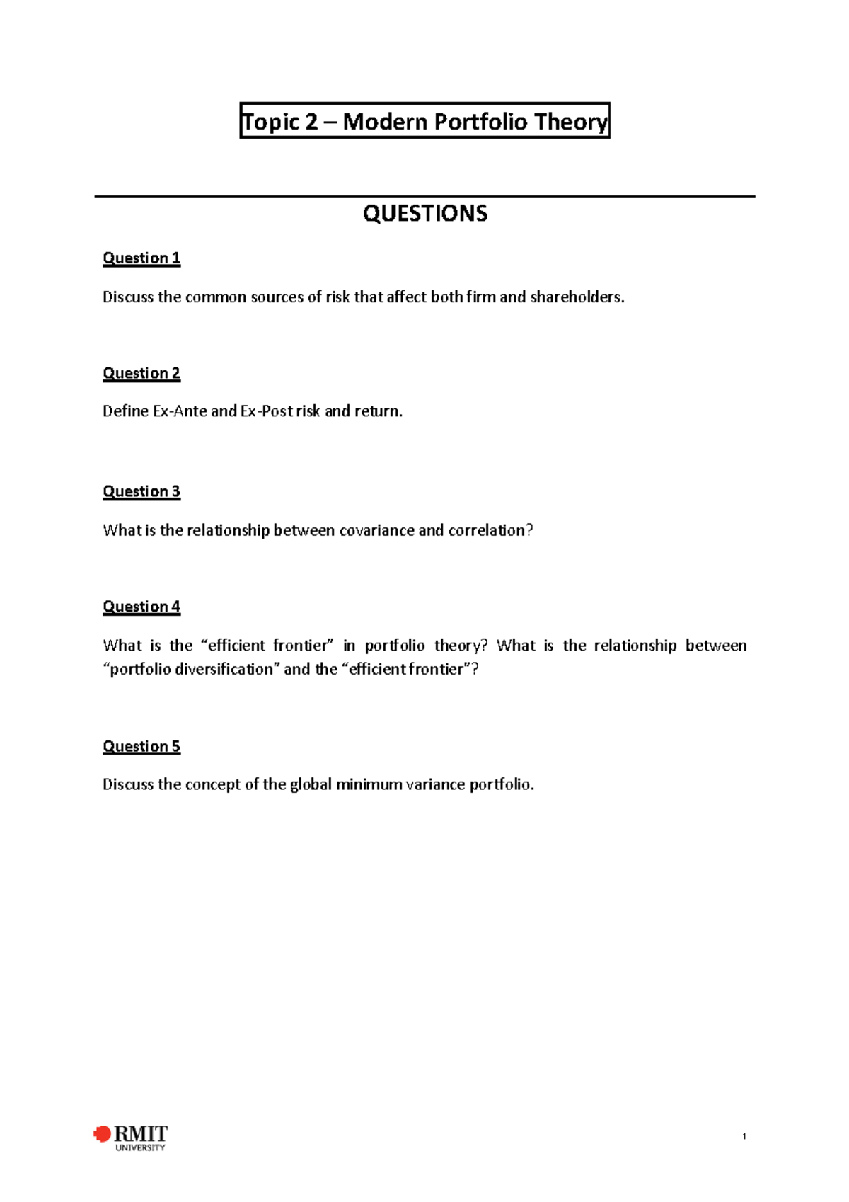 Topic 2 - Tutorial Questions - Topic 2 – Modern Portfolio Theory ...