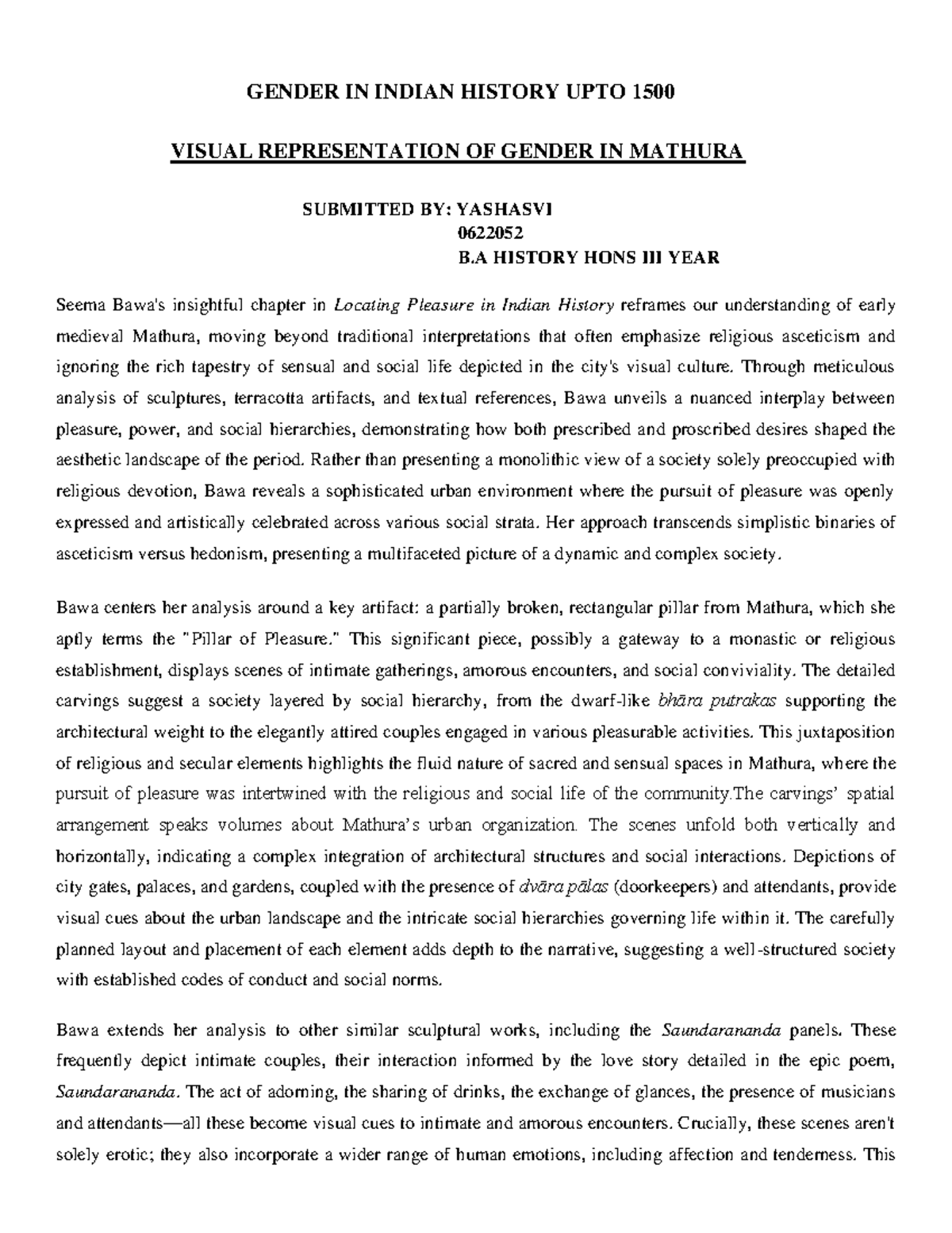 Gender in Indian History to 1500: A Study of Mathura's Culture - Studocu