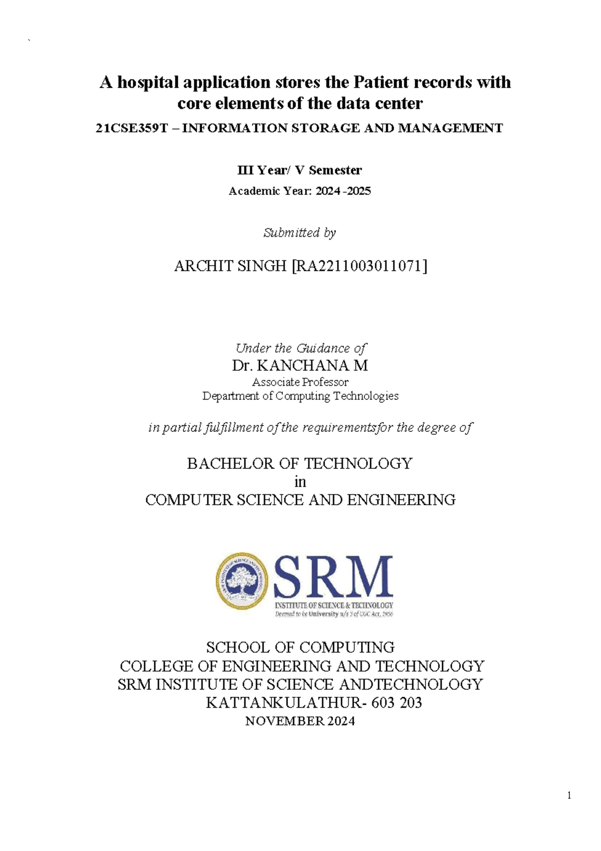 Implementation of Patient Record Management in Healthcare – 21CSE359T ...