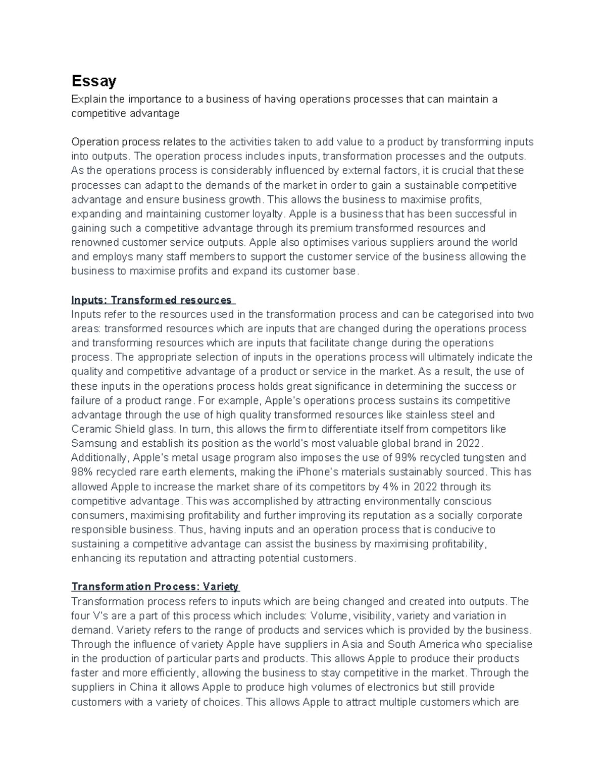 Essay - Essay Explain the importance to a business of having operations ...