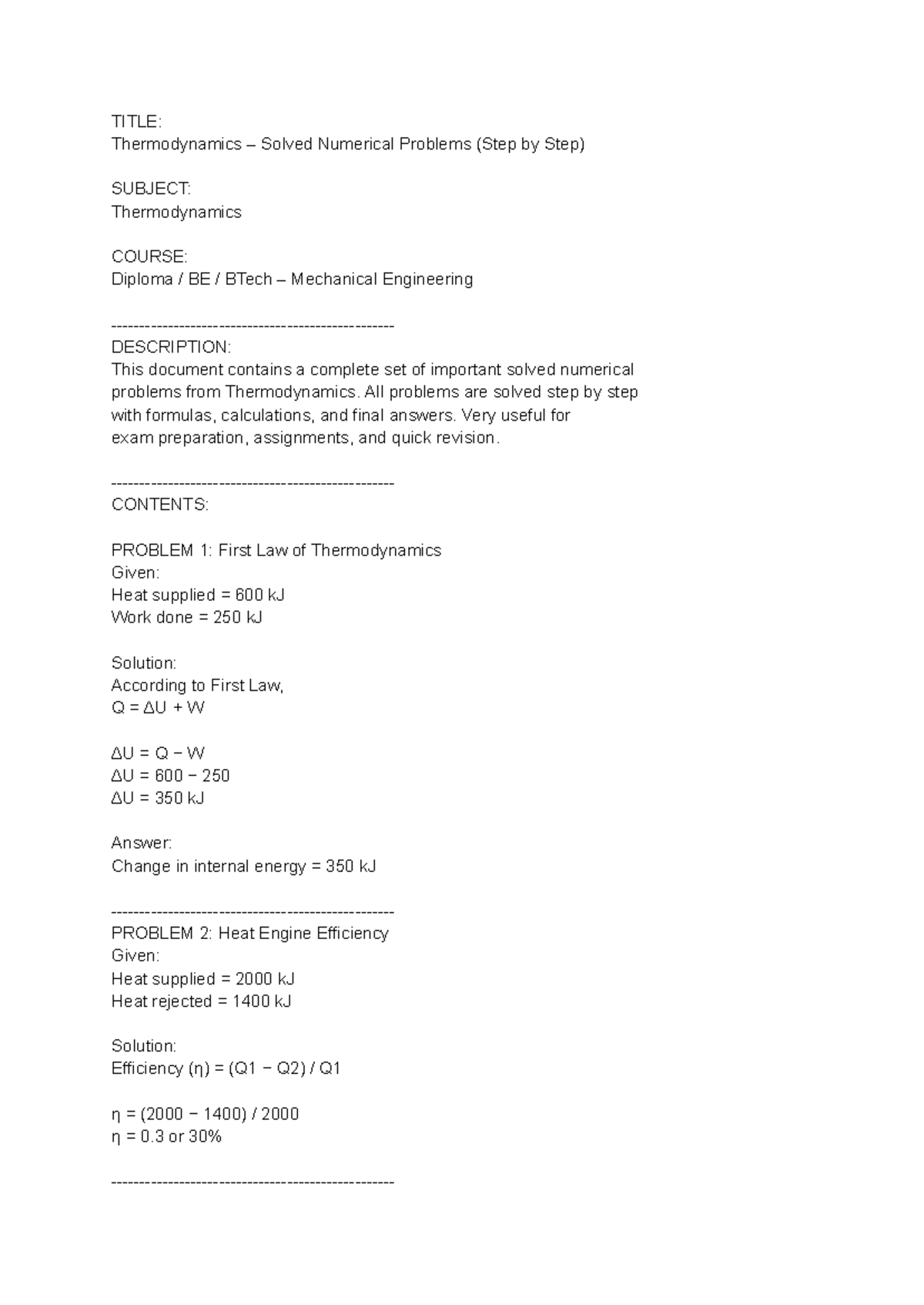 Thermodynamics Numerical Problems (Step by Step) - Diploma BE BTech ...