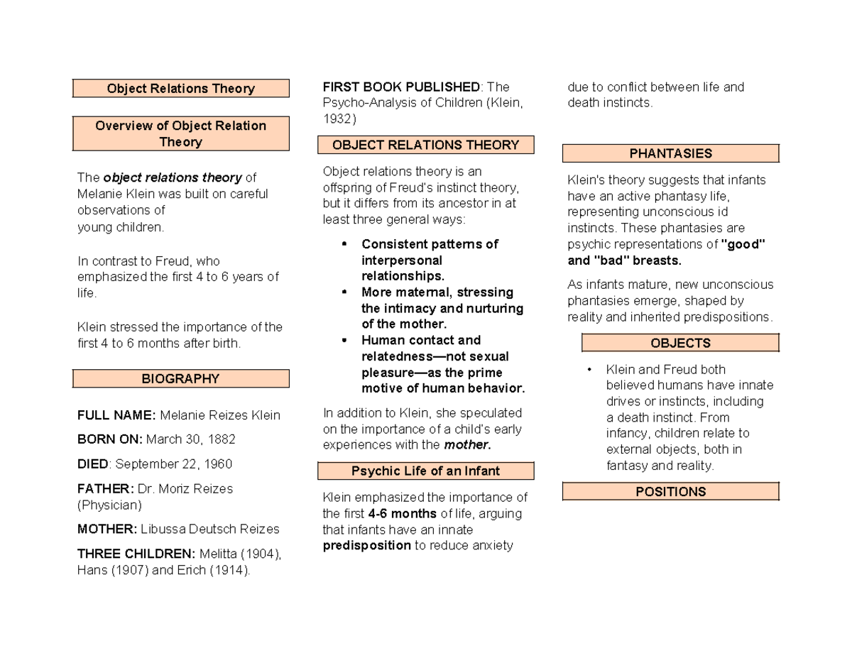 Melanie Klein's Object Relations Theory: Key Concepts & Insights - Studocu