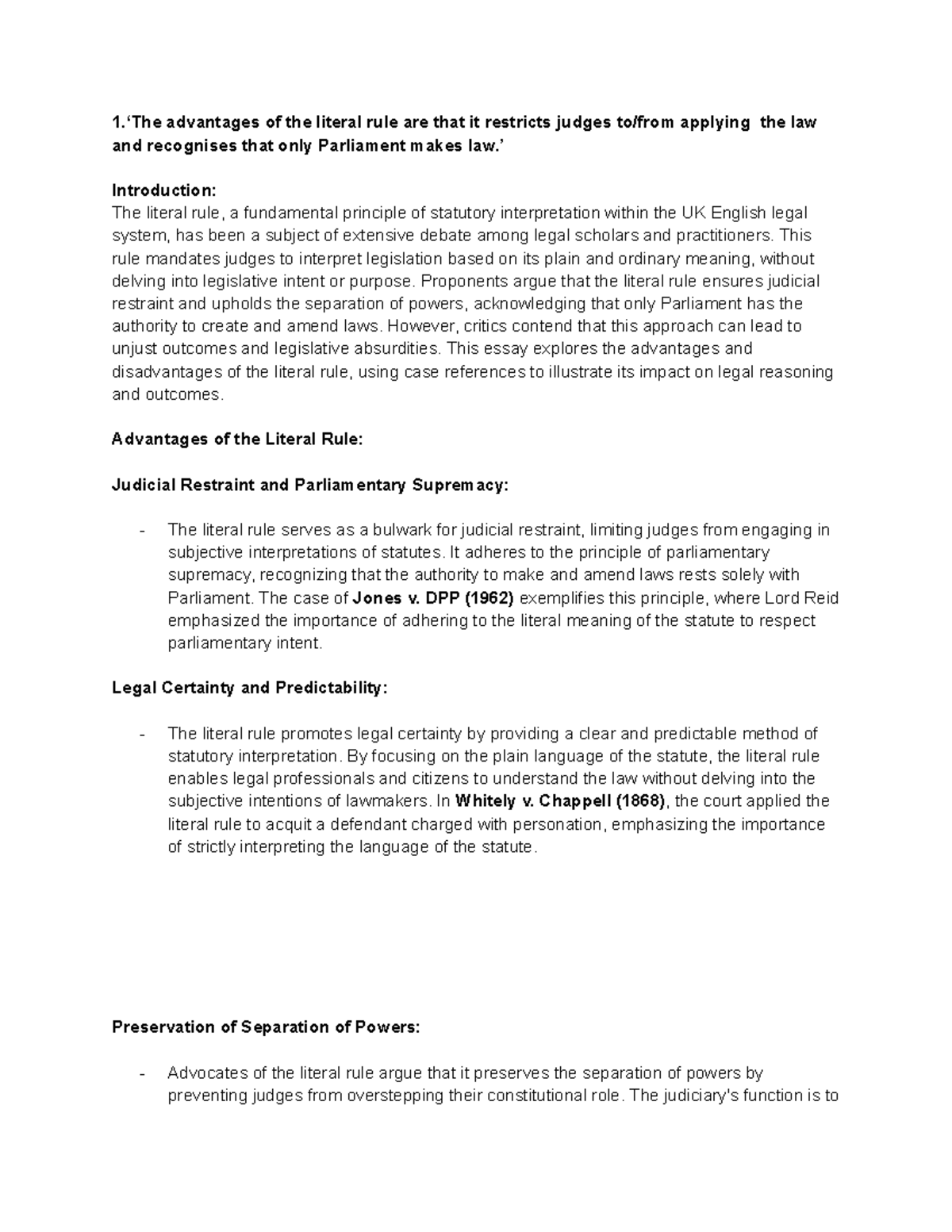 SI - SI Essay on Advantages and Disadvantages of the Literal Rule - Studocu